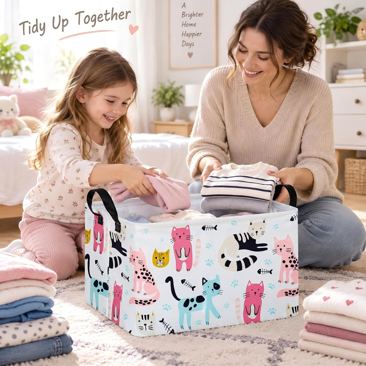 Cat Storage Basket, Foldable Cotton Linen Storage Bin with Handles, Cute Cat Print Rectangular Organizer Basket with Water Resistant Lining for Closet Shelves, Bedroom, Toys, Laundry and Gifts
