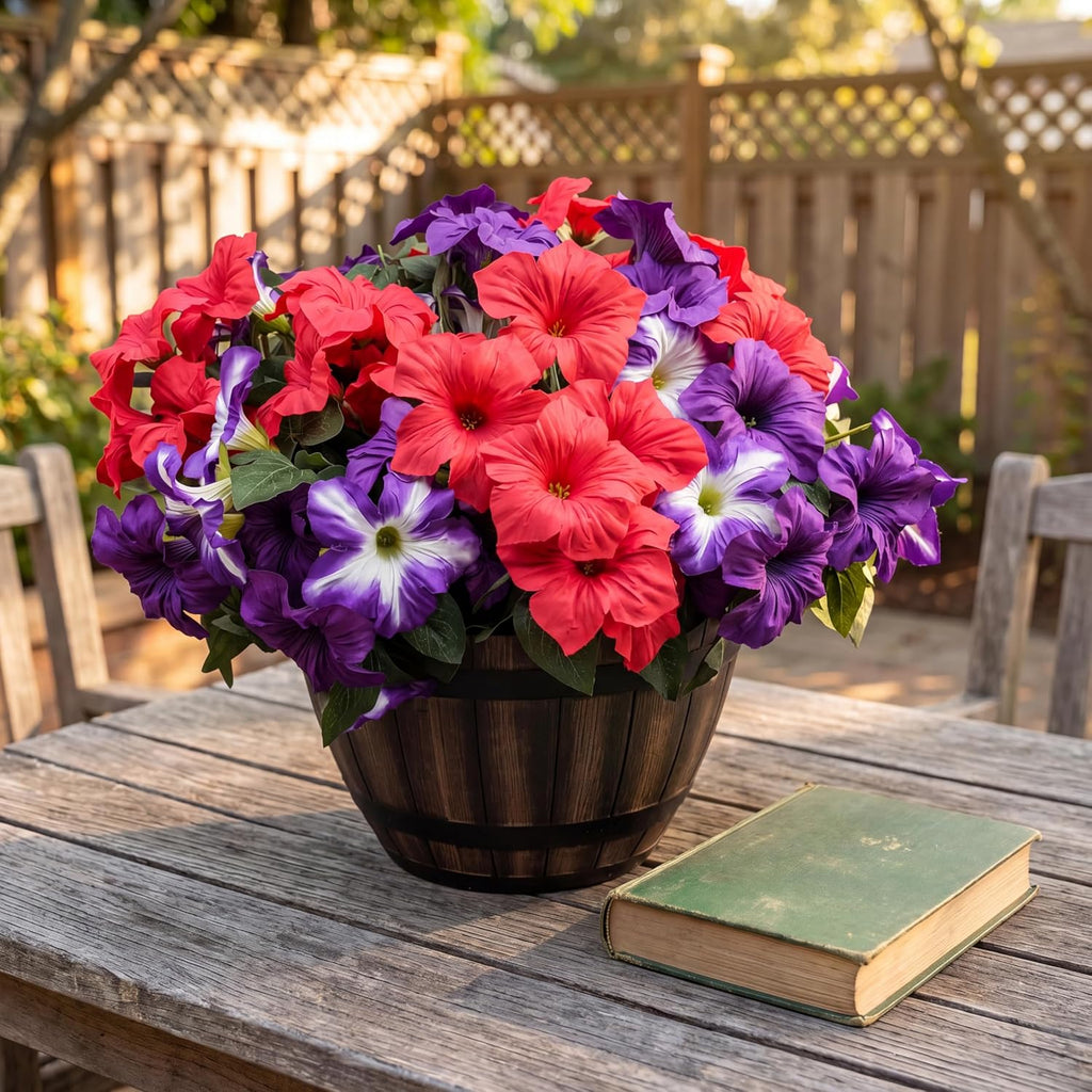 Artificial Fake Flowers Plants for Outdoor Decoration, 4PCS Faux Petunias Silk Flower UV Resistant No Fade for Home Outside Garden Balcony Yard Porch Realistic Indoor Decor (Purple/Red)
