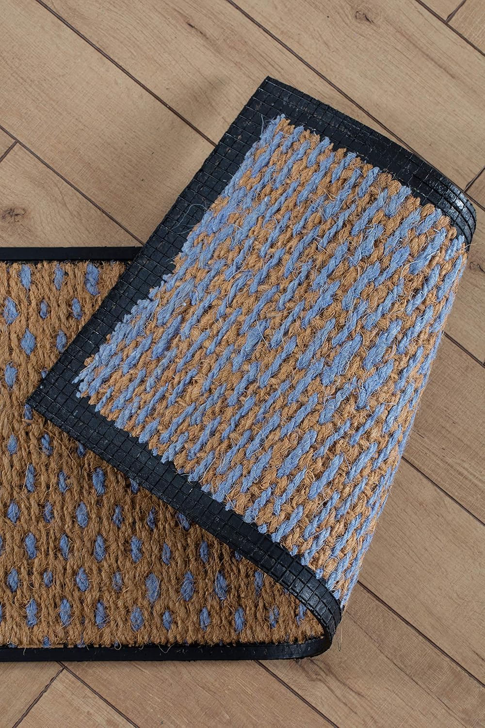 Anji Mountain Heavy Duty Waterproof Rubber Shoe Storage Mat Organizer/Boot Storage Multi Use for Entryway with Coir, Tan and Blue Insert, Fits 2 Pair (24.5" Wide)