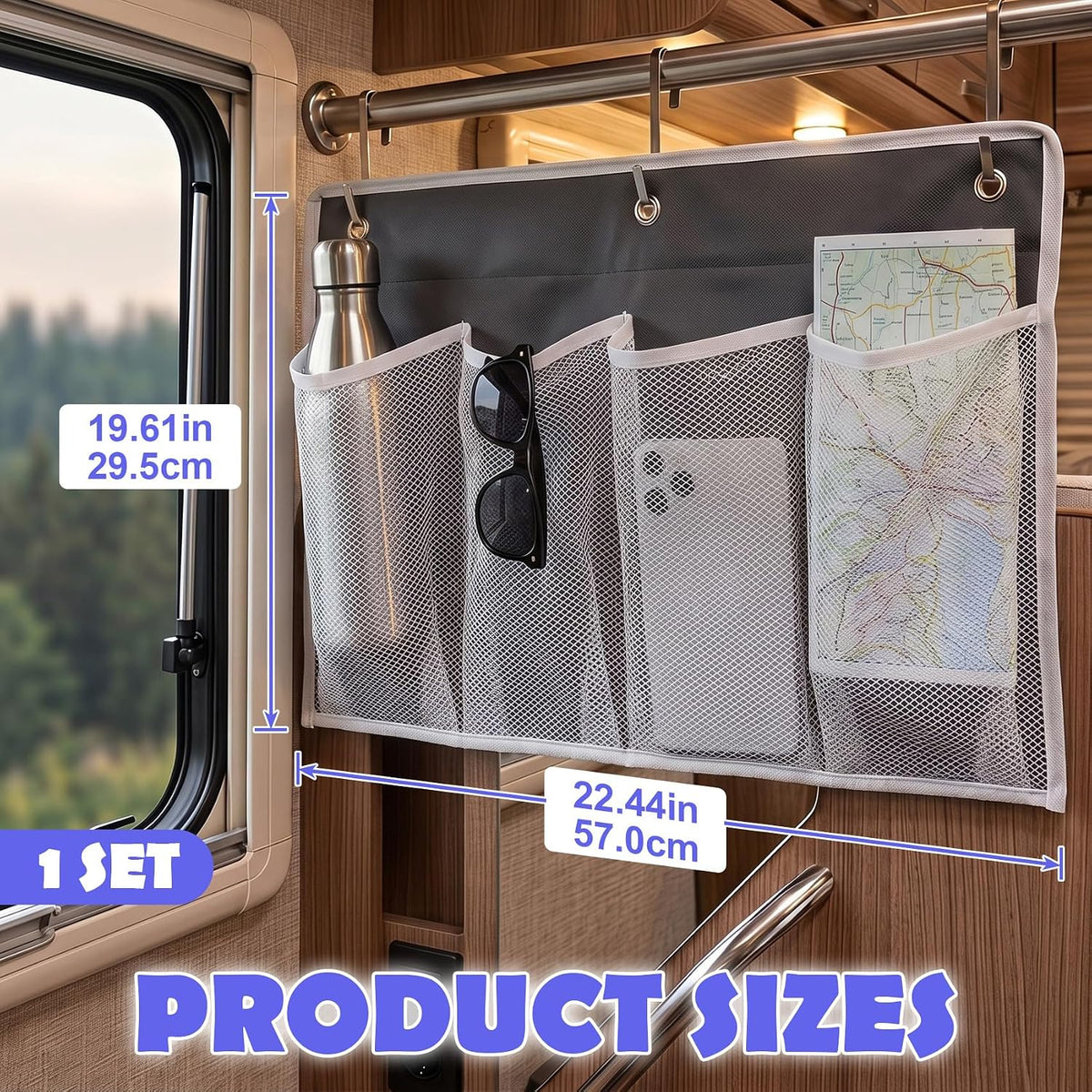 Pndeyo 1pc Bed Hanging Shoe Organizers with 3pcs Hooks, 22.44x19.61in, Grey