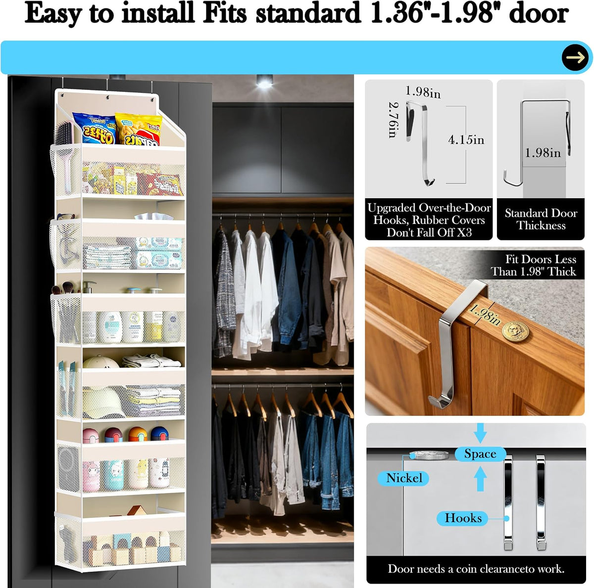 PAULONE 1 Pack Heavy Duty Over the Door Organizer, 6 Large + 12 Mesh Pockets with 89 lbs Capacity, Space-Saving Hanging Storage for Shoes, Toys, Bedroom & Closet (6-Layer Off-White)