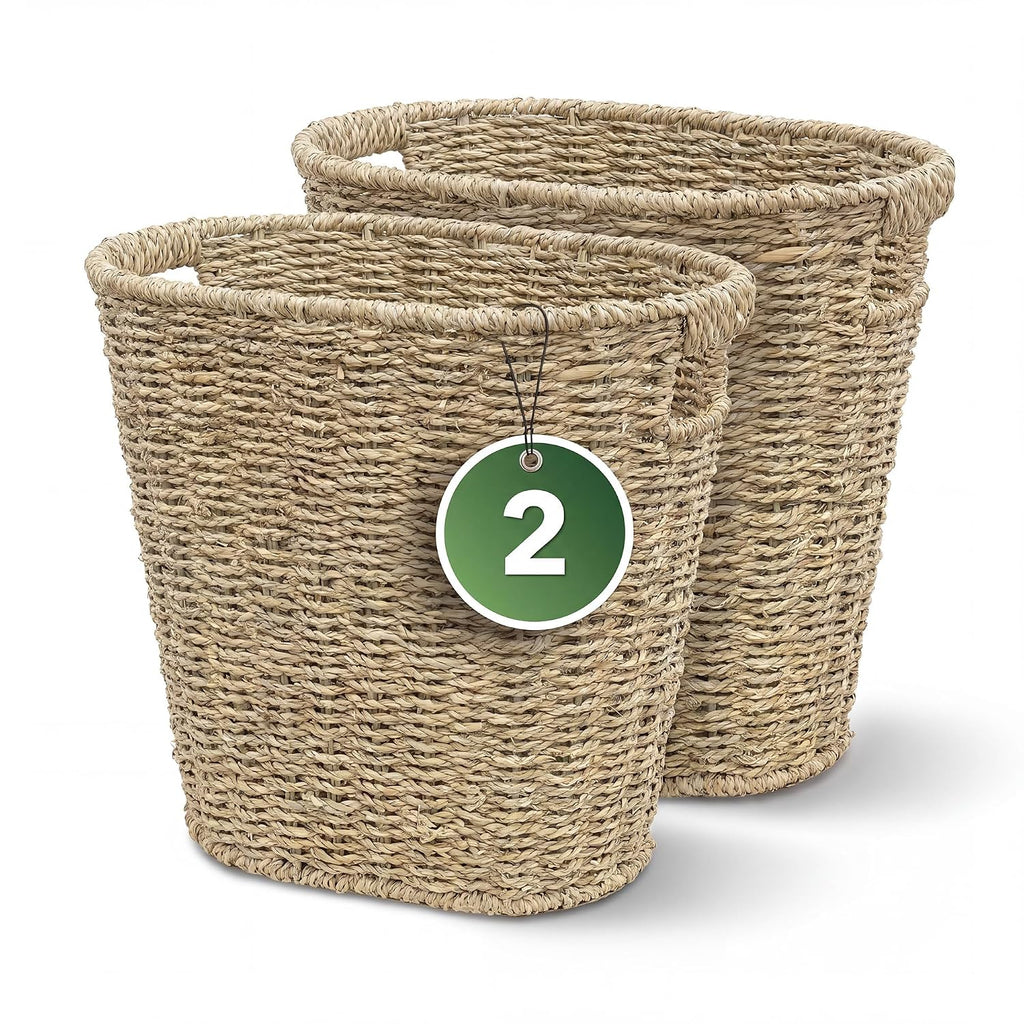 iEGrow 2 Pack Wicker Trash Can, Wicker Waste Basket for Bathroom, Woven Seagrass Wicker Boho Garbage Can Built-in Handles for Bedroom, Office, Decor Home, Kitchen, Living Room (Oval)