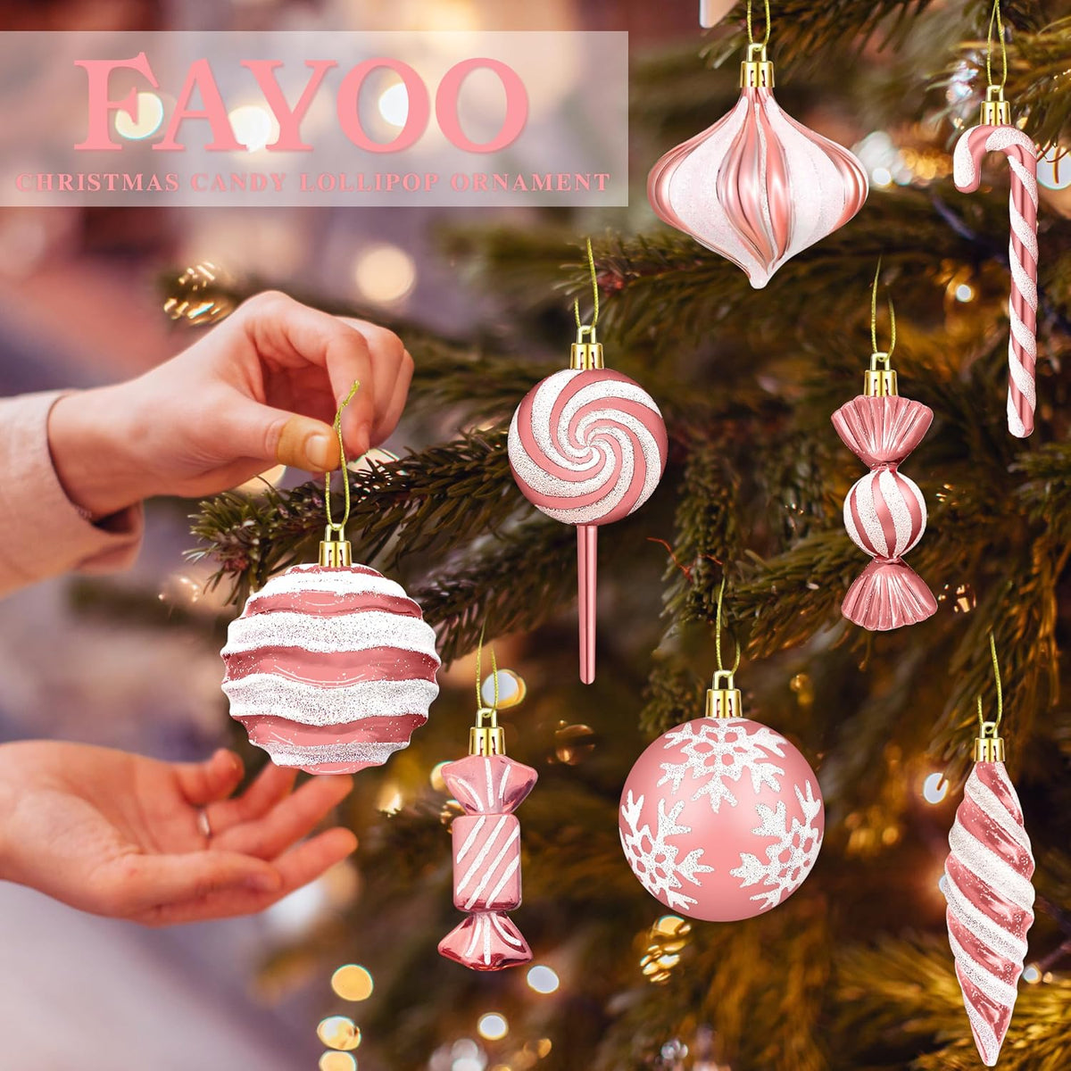 48Pcs Christmas Ornaments Candy Lollipop Set Rose Gold for Xmas Tree Decor