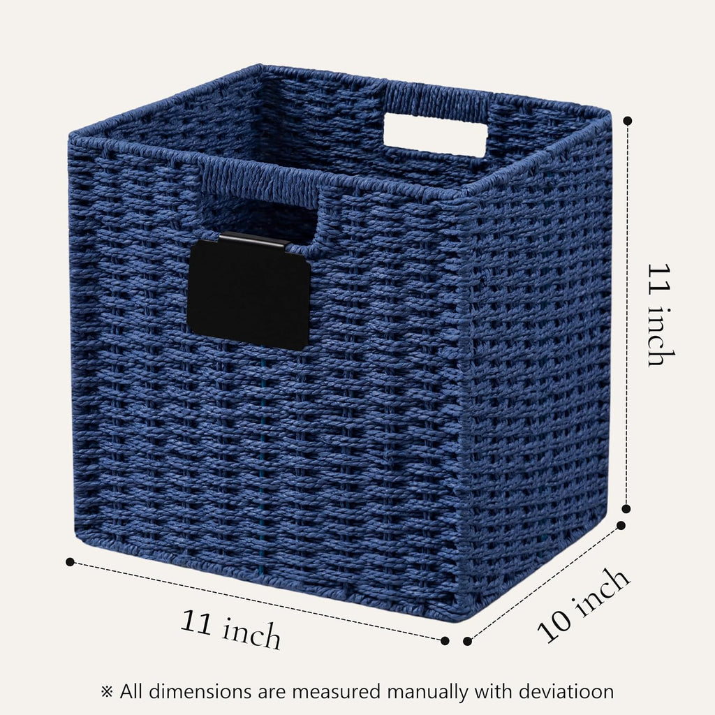 UBBCARE 2 Pack Wicker Basket, 10.5×10.5 Storage Cubes with Label, Foldable Cube Storage Bin with Handle, Square Storage Basket for Shelves, Woven Paper Rope Basket for Organizing, Blue