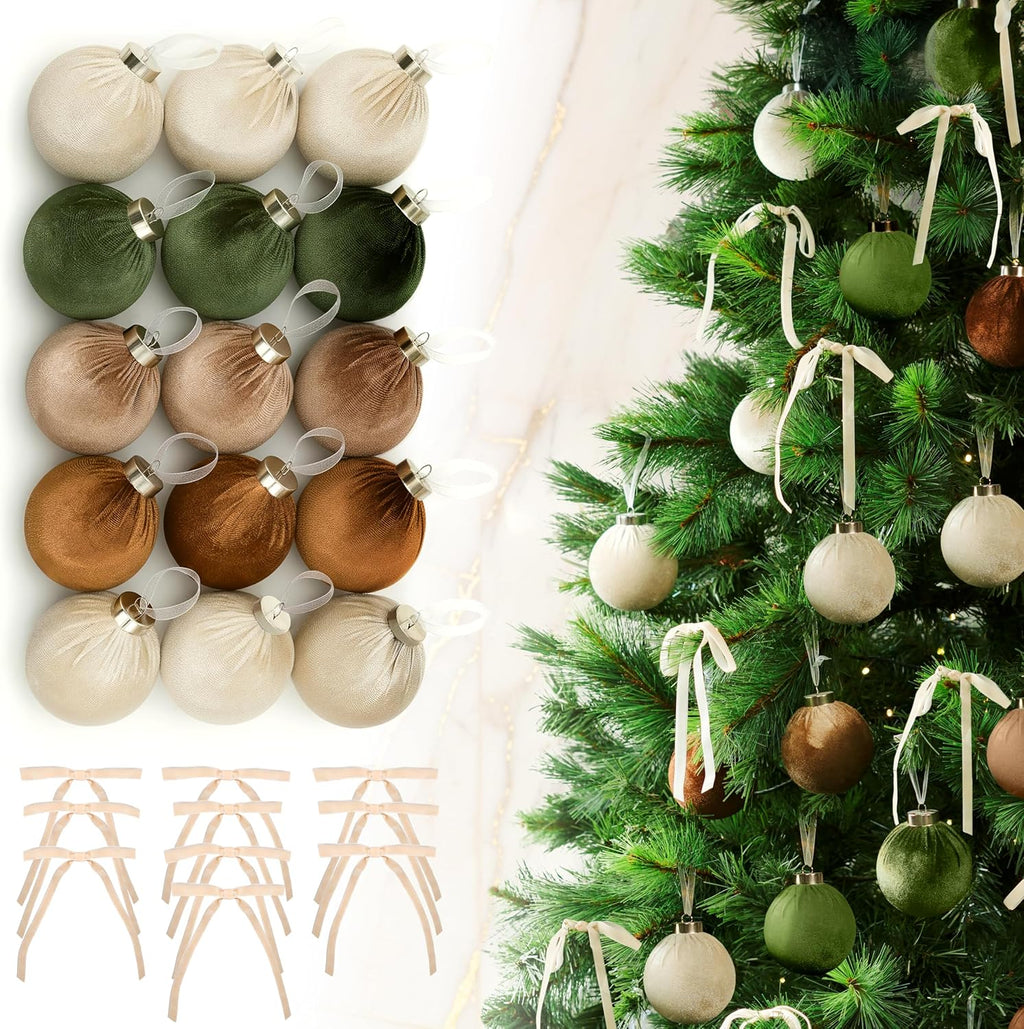 Elegant Velvet Christmas Ornaments Set - 15 Shatterproof Balls & 10 Bows