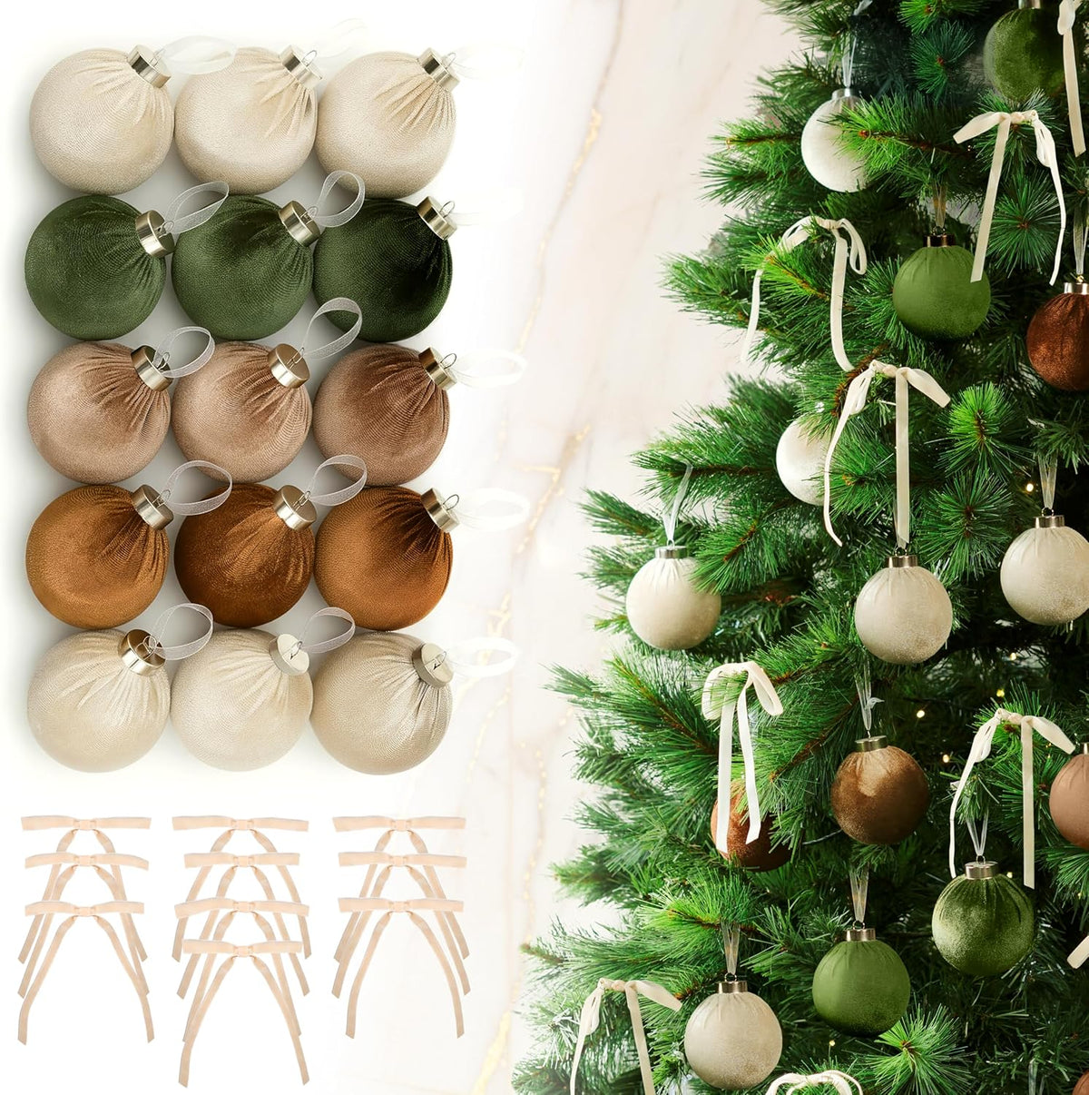 Elegant Velvet Christmas Ornaments Set - 15 Shatterproof Balls & 10 Bows