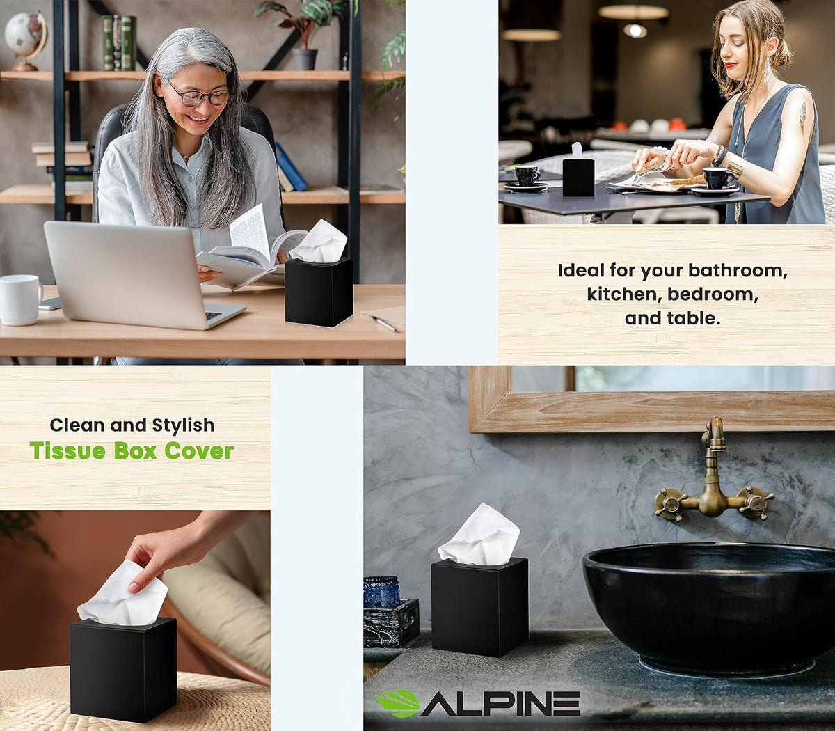 Alpine Industries Black Acrylic Tissue Box Cover - Eco Friendly Dispenser - Decorative Holder/Organizer for Bathroom, Office Desk & Car (Black)