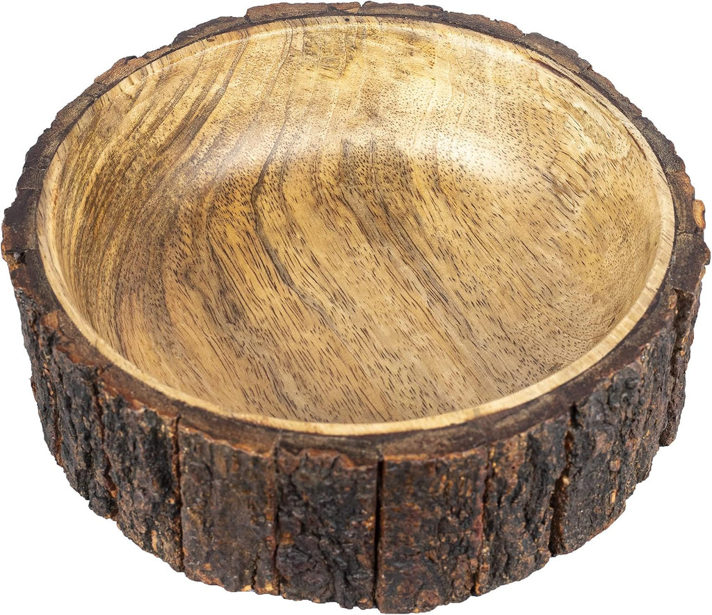 GoCraft Mango Wood Decorative Bowl with Tree Bark – 7.5" x 2.75" – Rustic Handmade Wooden Bowl for Potpourri, Snacks, Nuts, Salad – Natural Centerpiece for Table Décor