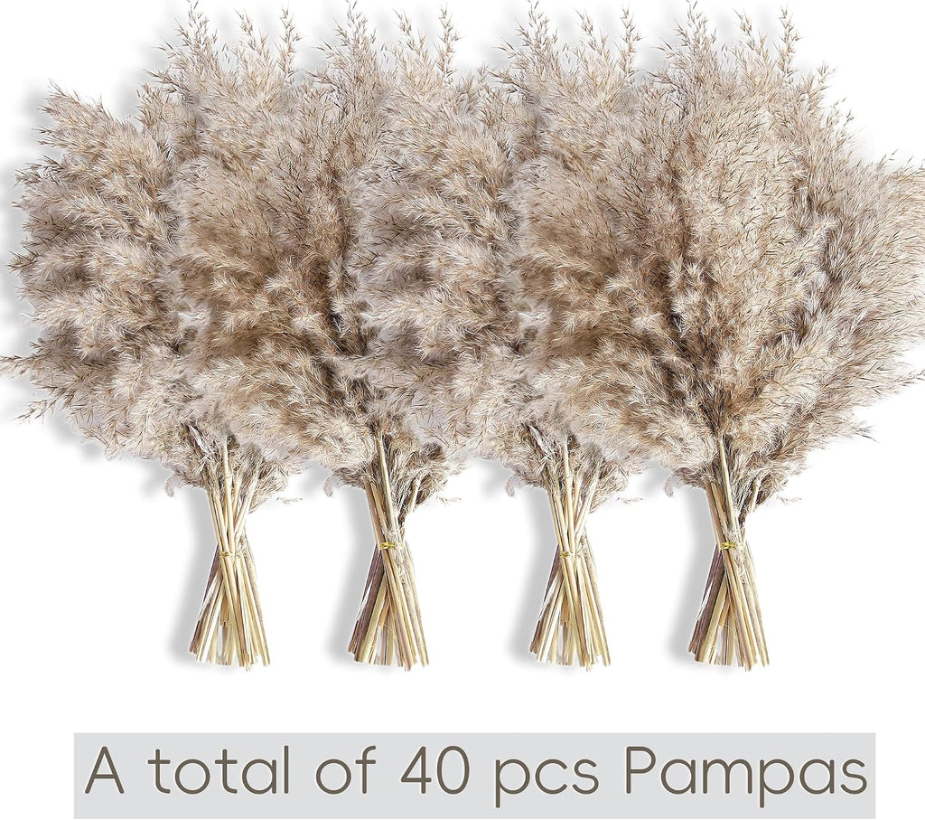 40 PCS Nature Pampas Grass Bouquet Decor - Boho Flowers and Feathers for Centerpieces, Perfect for Floor Vase Fillers, Home Decor, Living Room, and Wedding Decor