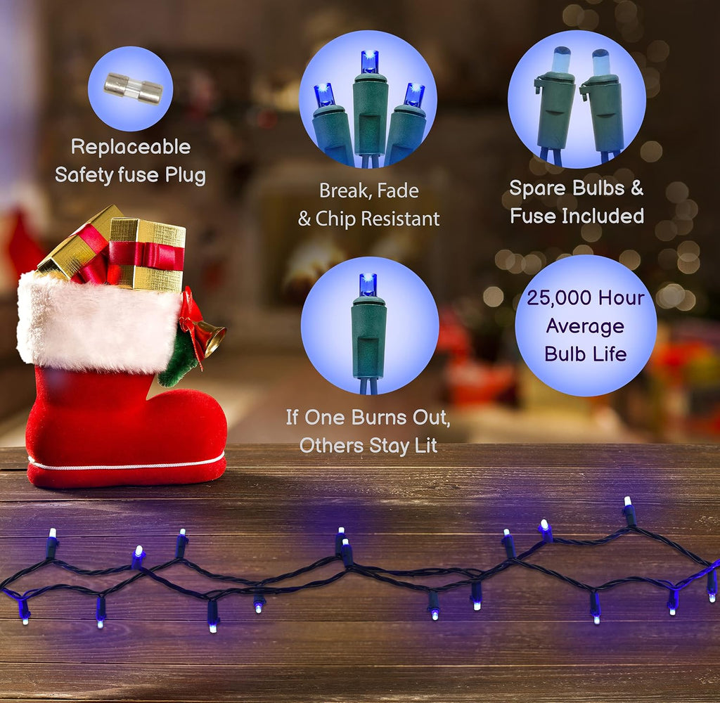 Holiday Essence Blue LED Mini Christmas Lights Set, 60 5mm Memorial Fourth of July Blue String Lights, Green Wire, for Indoor Outdoor Décor, Home, Wedding, Patio, Garden Decorations, UL Certified