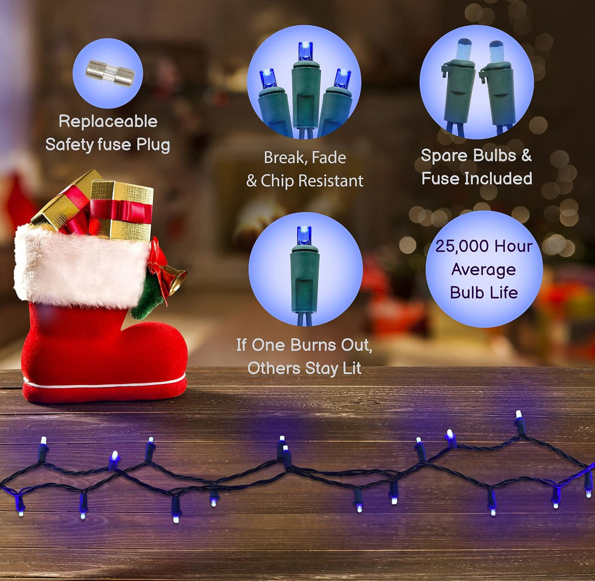 Holiday Essence Blue LED Mini Christmas Lights Set, 60 5mm Memorial Fourth of July Blue String Lights, Green Wire, for Indoor Outdoor Décor, Home, Wedding, Patio, Garden Decorations, UL Certified
