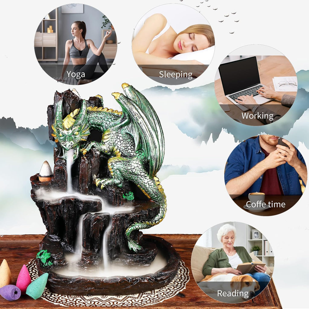 Dragon Backflow 2 Sided Mountain Waterfall Incense Burner,Fountain Smoke Incense Holder with Backflow Incense Cones, Tweezers, Mat，Resin Aromatherapy Meditation (Green)