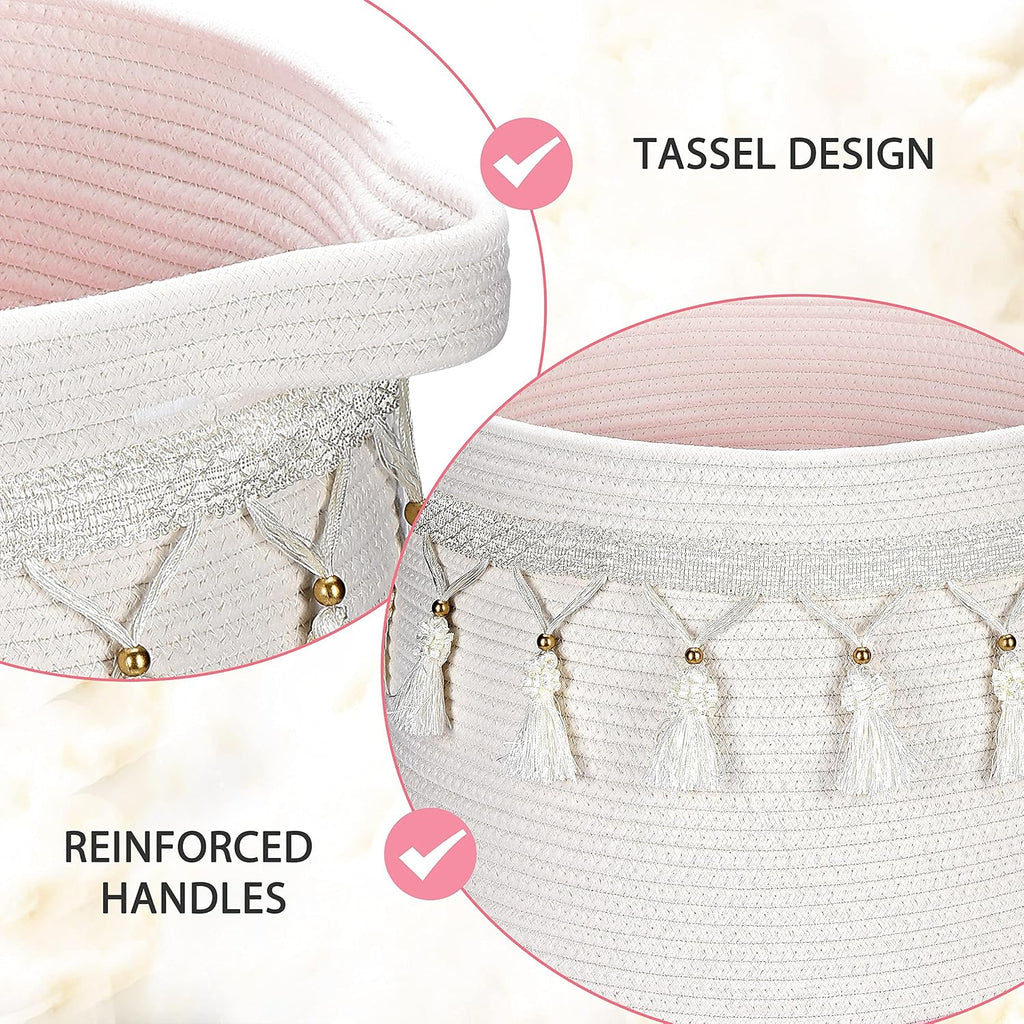 Large Cotton Rope Basket, Woven Storage Basket for Toy, Laundry and Blanket Organizer Basket, Round Hamper Basket with Handles for Kid's Room 17.7"x16.9"