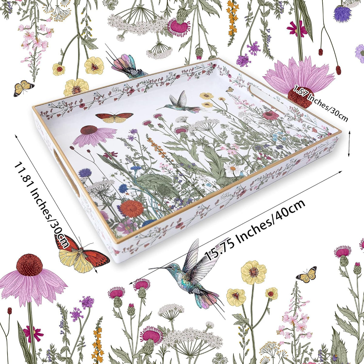 Serving Tray with Handles, Rectangular Plastic Tray 15.75x11.81 Inch, Wildflower, Butterflies & Hummingbirds Style Decorative Tray for Kitchen, Dining Table, Vanity, Office & Home