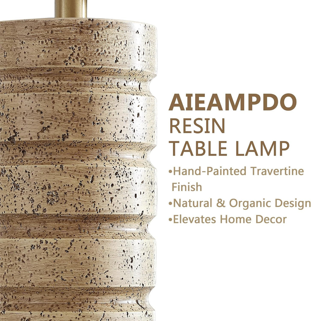 AIEAMPDO 26" Set of 2 Travertine Resin Table Lamps for Bedroom, Brass Base