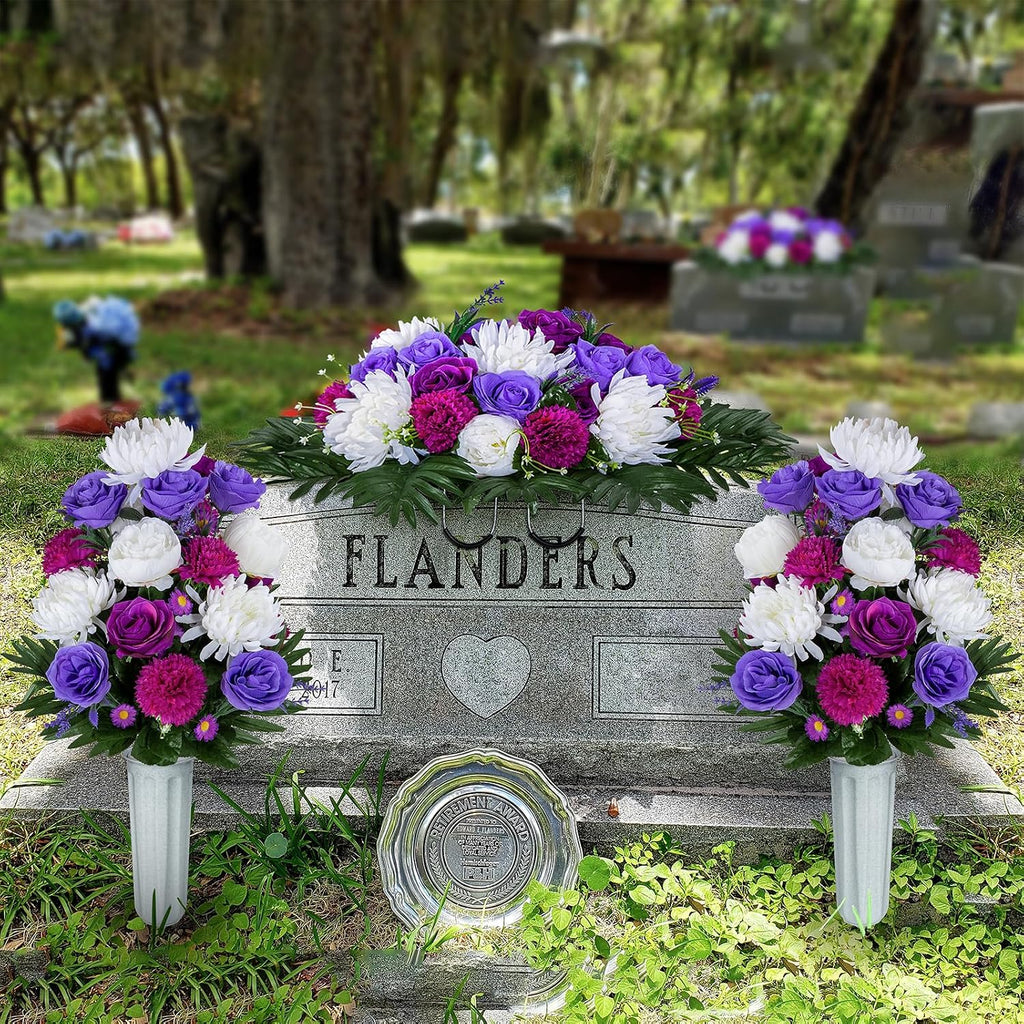 XONOR Artificial Headstone Flower Saddles for Graves, Cemetery Memorial Flowers for Outdoor Tombstone Decorations, Artificial Peony Rose Flowers Saddle (Purple&White, 1 Saddle 2 Bouquets)