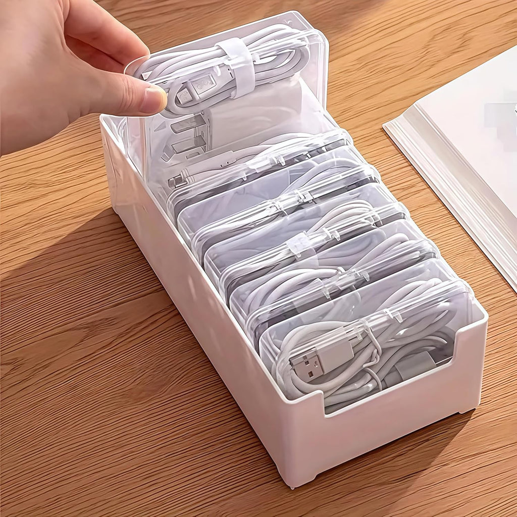 7 Grid Clear Cable Organizer Box with Switch for Desktop Cord Storage