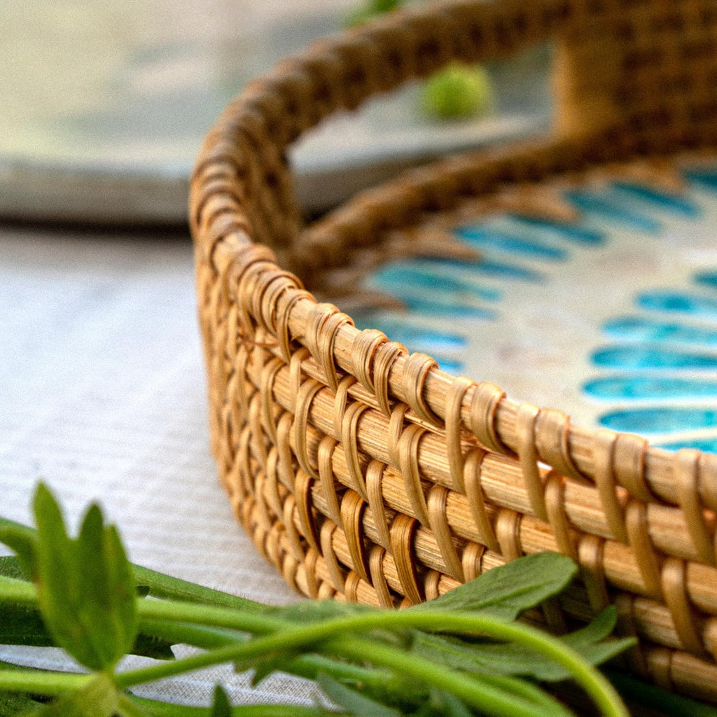 JUNGLE CULTURE Round Rattan Tray with Mother of Pearl Inlay • Ripple 14"
