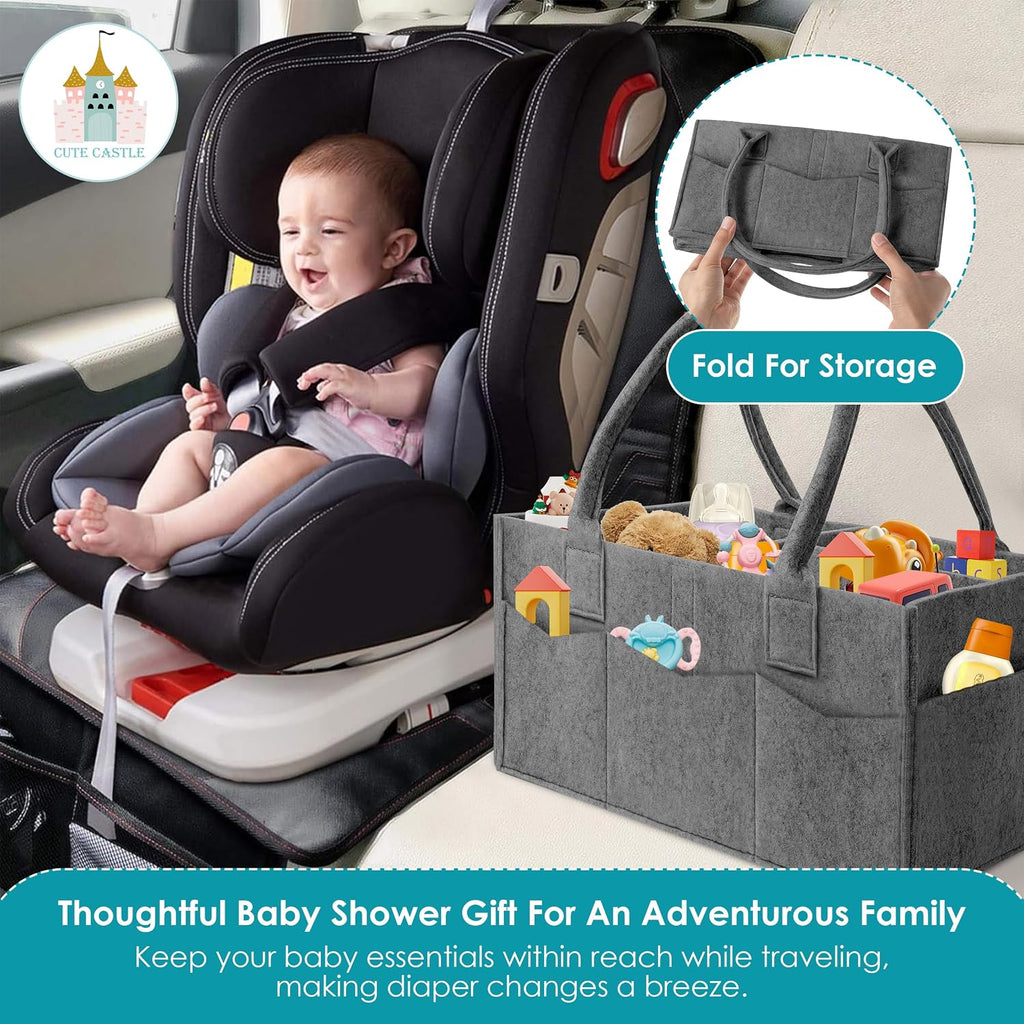 Cute Castle 2 Pack Diaper Caddy Organizer - Portable Baby Caddy Organizer with Handle, Nursery Storage Bin and Car Organizer for Girls, Boys - Baby Gift Basket - Dark Grey, Large