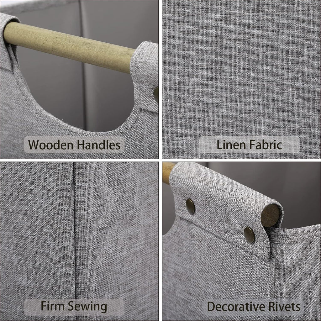HOONEX Collapsible Storage Bins, 12x12x12in Storage Cubes Linen Fabric, 3 Pack, Storage Baskets with Wooden Carry Handles and Sturdy Heavy Cardboard, for Home, Office, Car, Nursery, Light Grey