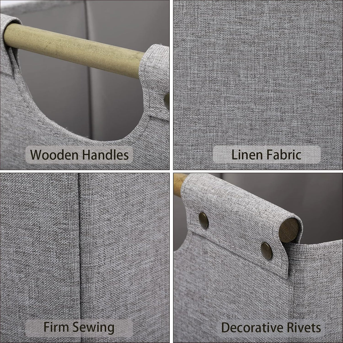 HOONEX Collapsible Storage Bins, 12x12x12in Storage Cubes Linen Fabric, 3 Pack, Storage Baskets with Wooden Carry Handles and Sturdy Heavy Cardboard, for Home, Office, Car, Nursery, Light Grey