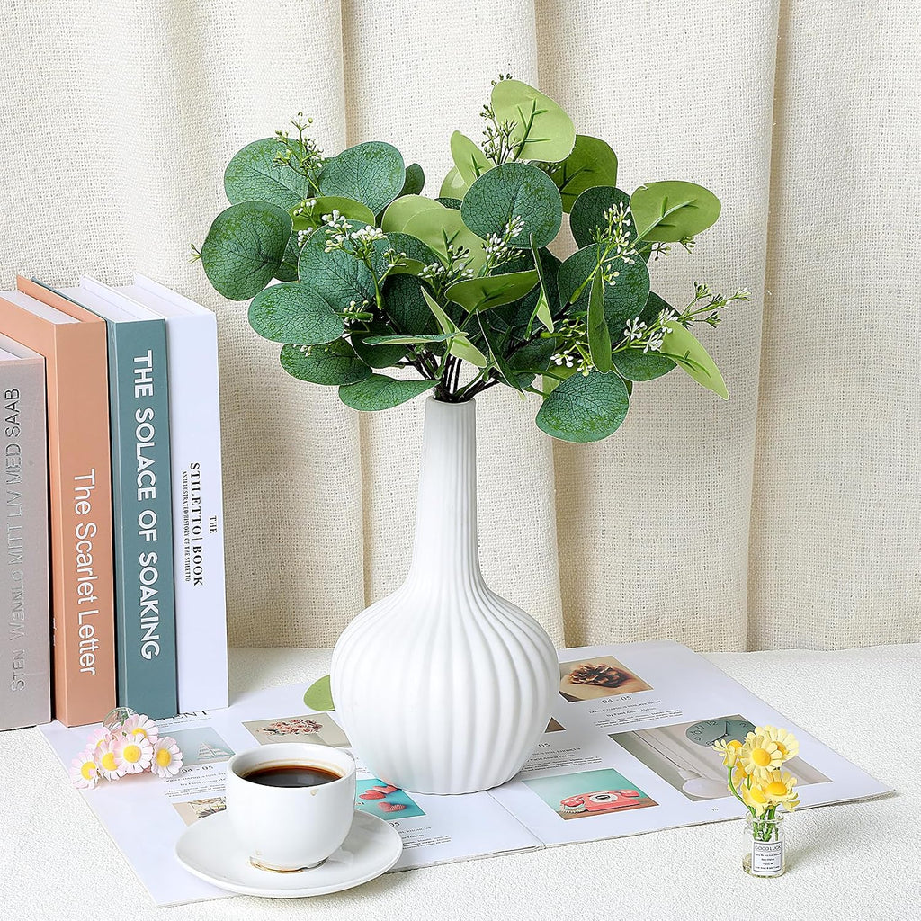 KALIONE 12 Pcs Artificial Silver Dollar Eucalyptus Leaves Picks Stems and Faux Branches with White Seeds, 11.4'' Decoration Greenery Stems Plants for Vase Bouquets, Flower Arrangement