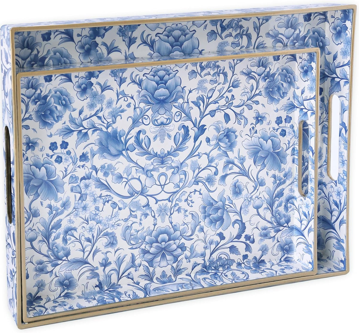 Serving Tray with Handles, 2 Pack Rectangular Plastic Tray 15.75x11.81 Inch, Blue and White Peony Chinese Porcelain Style Decorative Tray for Kitchen, Dining Table, Vanity, Office & Home
