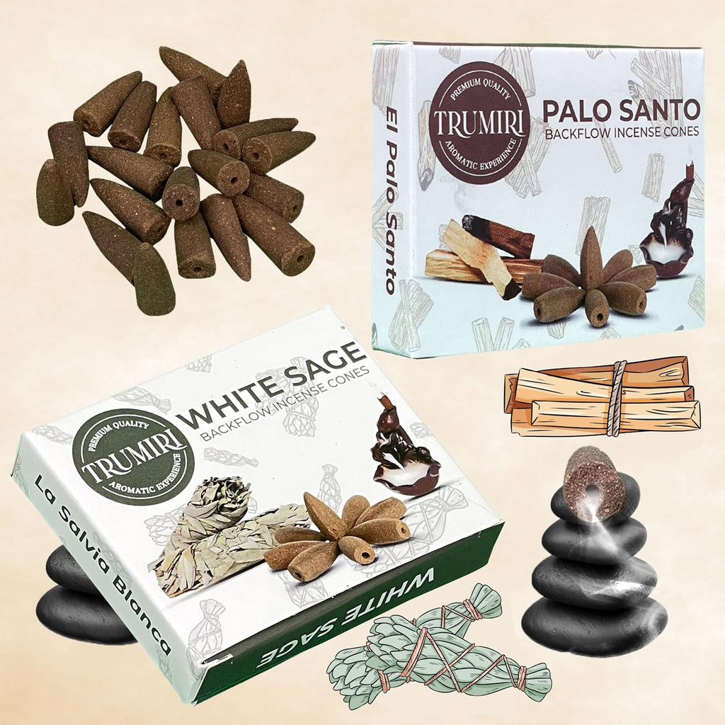 Backflow Incense Cones Combo Pack - 20 Cones, 10 Palo Santo & 10 White Sage Waterfall Incense