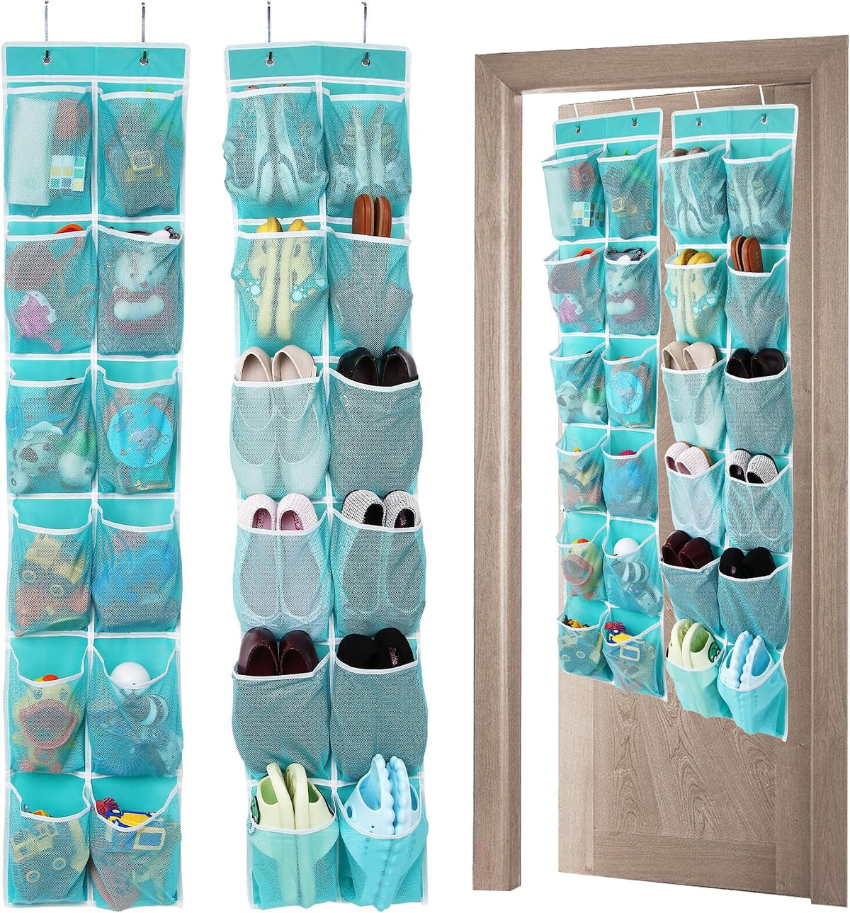 GOMAJI 2PK Over the Door 12 Large Pockets Hanging Shoe Organizer, Turquoise