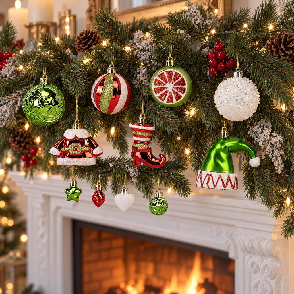46PCS Christmas Ornament Set, Red, Green & White Tree Decorations