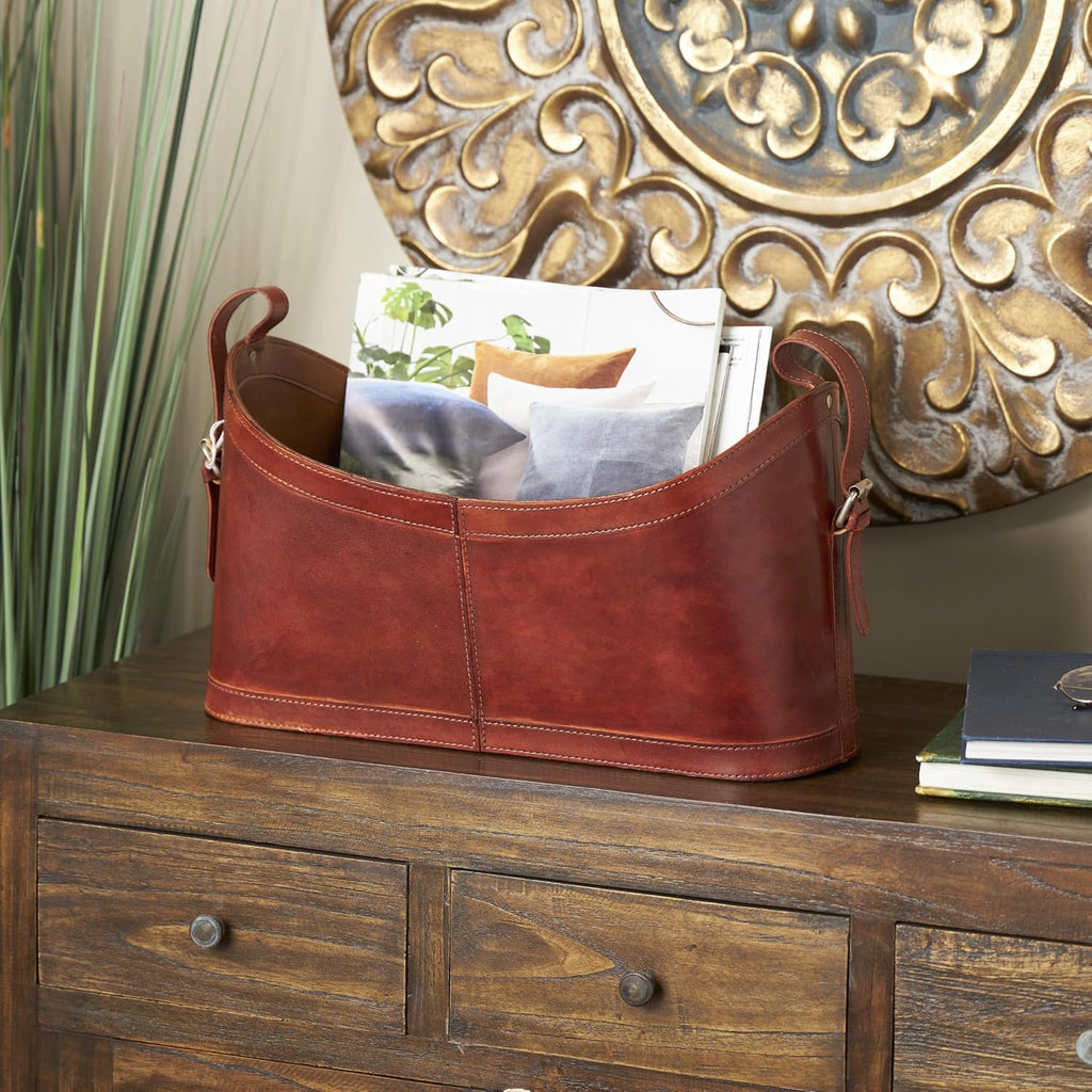 deco 79 Leather Magazine Holder, Basket 21" x 9" x 12", Brown