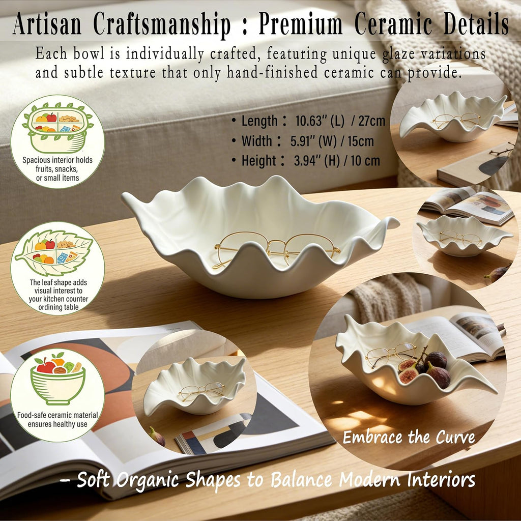Premium 10.63'' Leaf Shaped Ceramic Bowl-Artisan Serving Decor Bowl,Fruit,Salad,Bread,Snack,key Bowl, Modern Farmhouse Dining Table Centerpiece, Kitchen Counter, Home Livingroom Decor-Birthday Gift