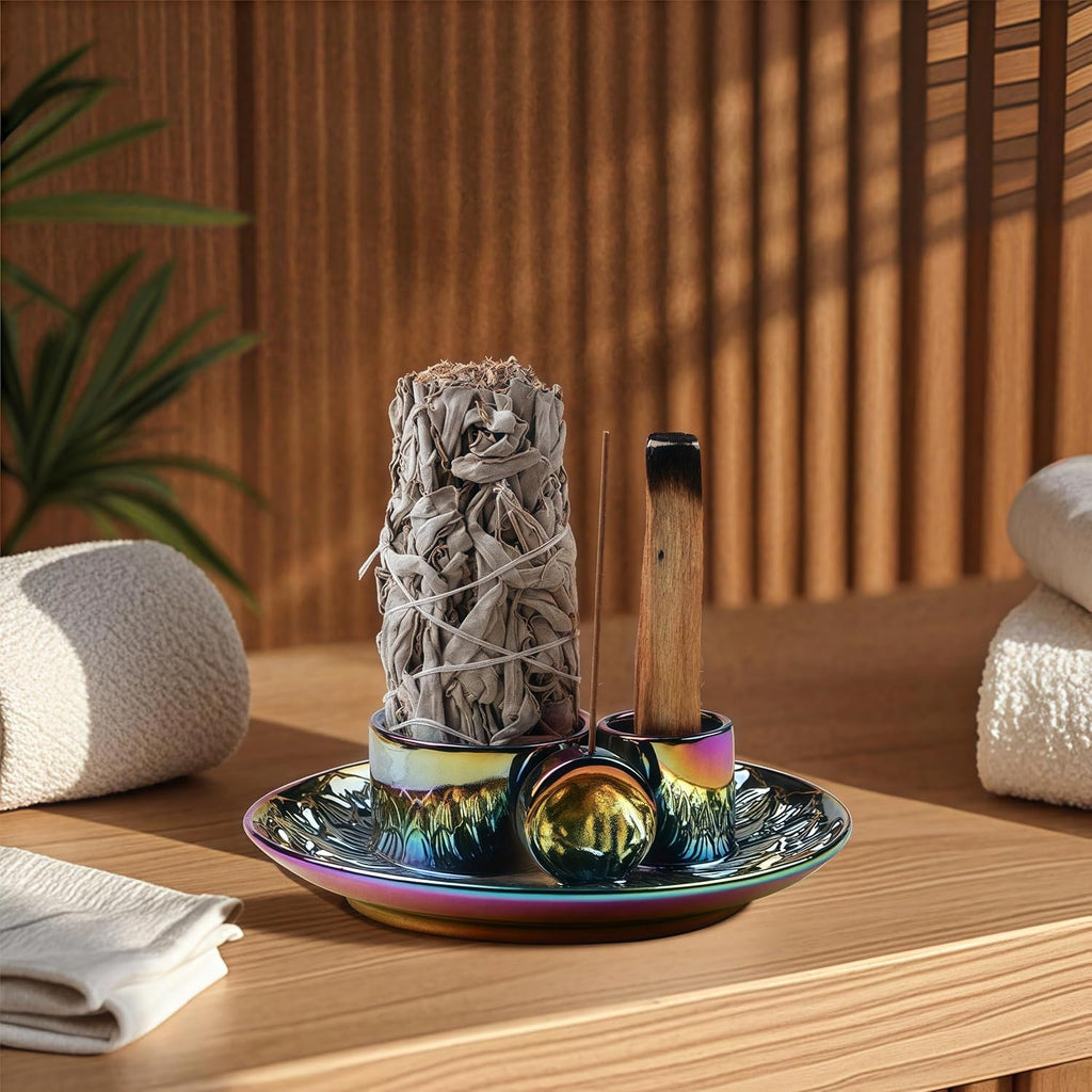 4 in 1 Incense Holder, Ceramic Incense Stick and Palo Santo Holder,Sage Holder for Burning- 5.5" Ceramic Ash Catcher Tray for Meditation and Yoga Room (Colourful)