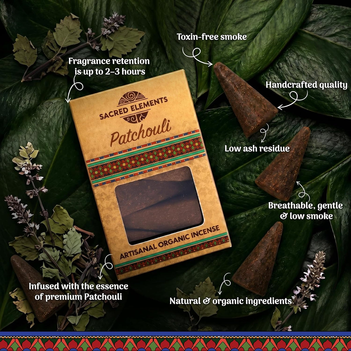 Sacred Elements Organic Incense Cones – Patchouli Scent (Pack of 4) | Natural Aromatherapy for Relaxation & Mood Balance | Handcrafted, Low Smoke, Long-Lasting Fragrance for Home Use