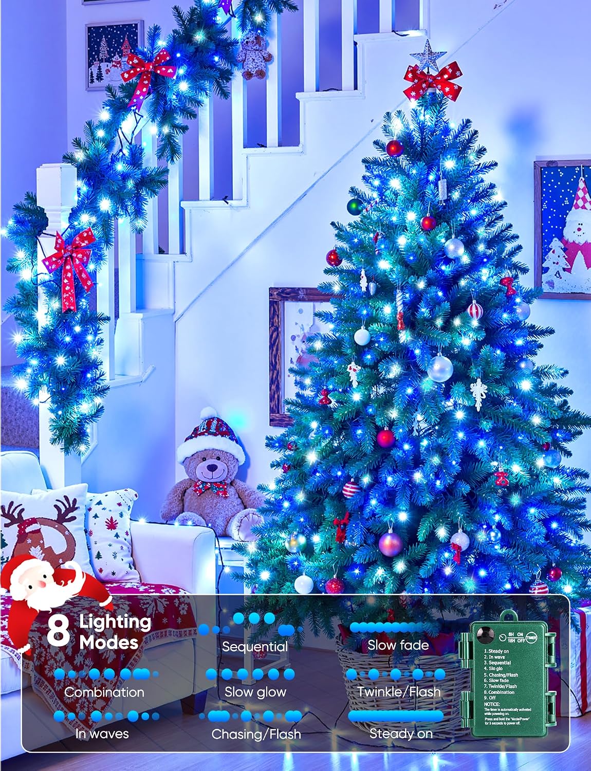 Brightown Christmas Lights Outdoor Battery Operated, 4 Pack Total 132FT 400 LED Battery Fairy Lights with Timer,8 Mode,Waterproof Christmas String Lights for Outside Indoor Bedroom, Blue & White