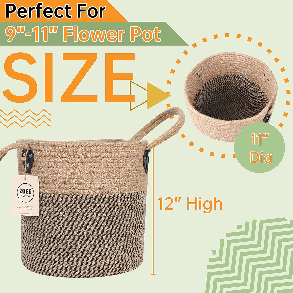 ZOES HOMEWARE Plant Basket for Indoor Plants with Handles,Jute Rope 12"x12"
