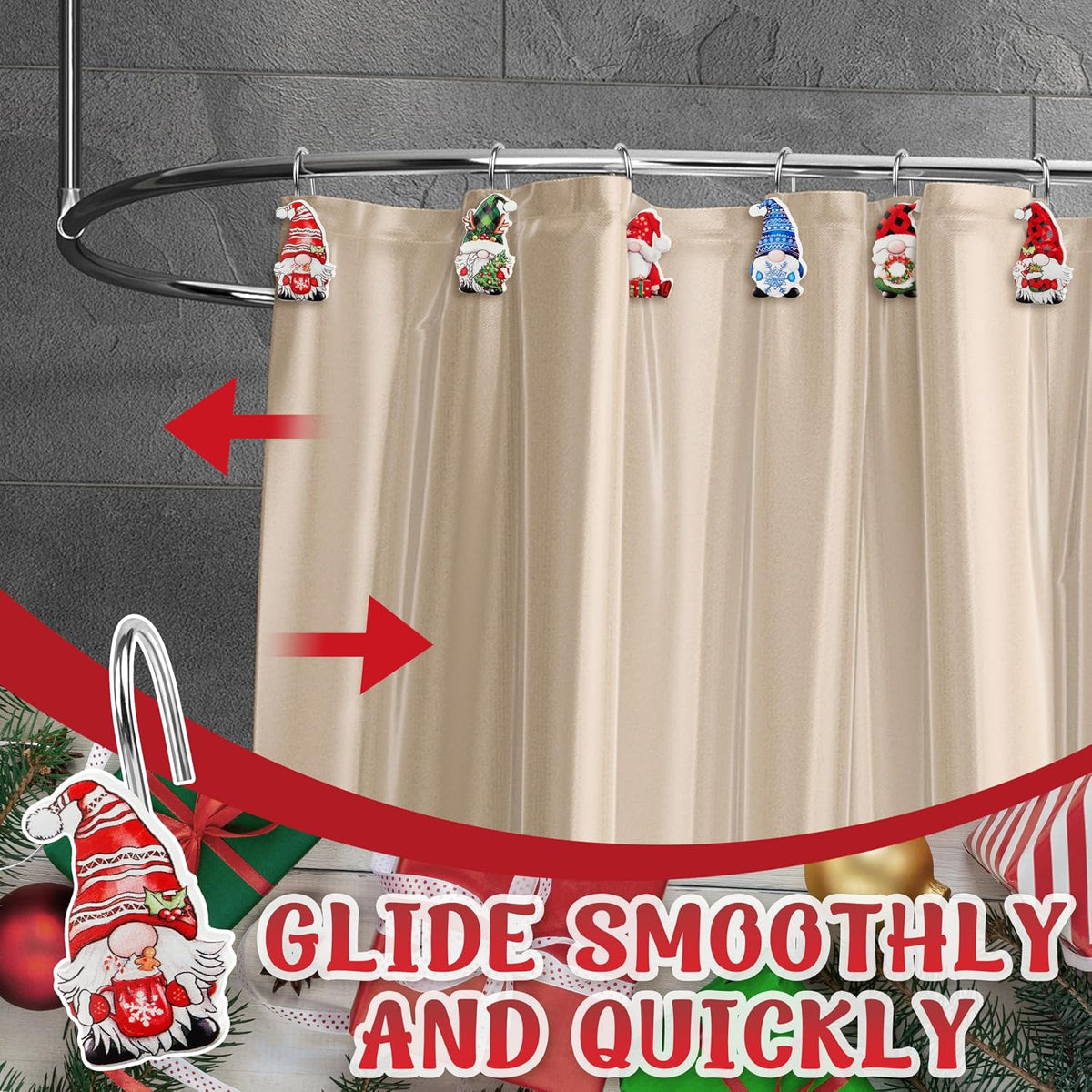 12 Pack Christmas Gnome Shower Curtain Hooks, Rustproof Decorative Rings