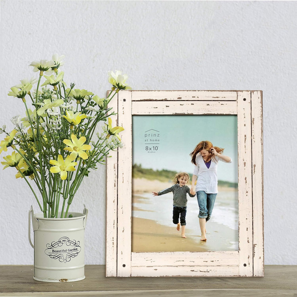 Prinz Homestead 8x10 Distressed Wood Picture Frame, Antique White, Tabletop or Wall Mount