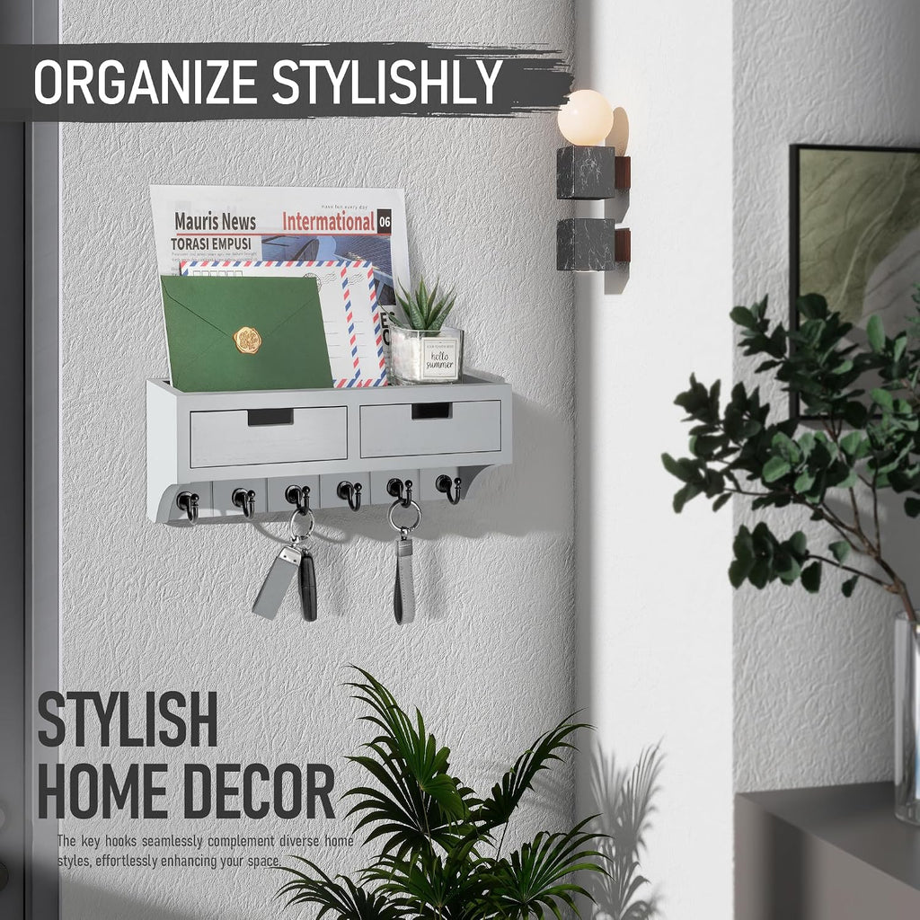 Rebee Vision Key Holder Wall Mount with 2 Drawers for Entryway, Light Gray