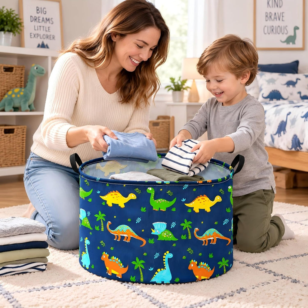 Dinosaur Storage Basket, Large Collapsible Toy Storage Bin with Handles, Cotton Linen Blend Fabric Laundry Basket for Bedroom, Playroom, Nursery, Closet and Home Organization, Navy Blue