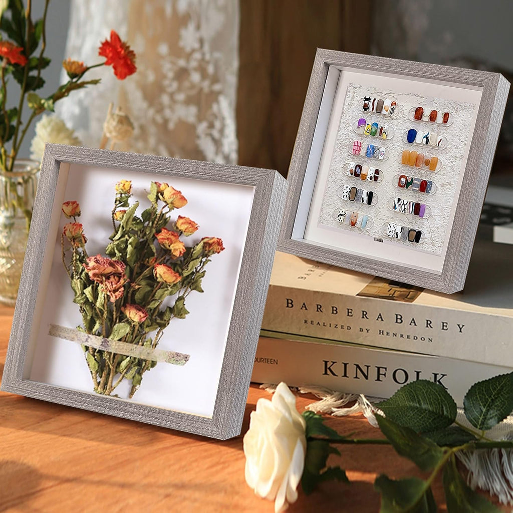 8x8 Shadow box Frame Grey Shadow Box Display Case Made of Solid Wood and Real Glass Deeps 0.6in for Wall Or Tabletop（3 Pack）