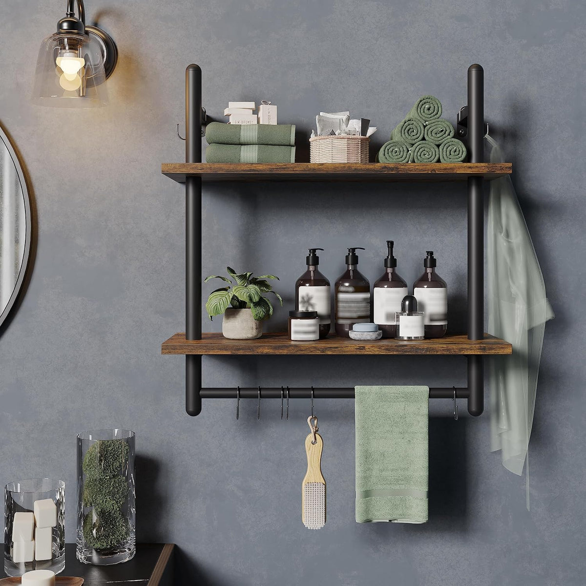 Bestier 24" 2 Tier Industrial Pipe Wall Shelf with 8 Hooks, Rustic Brown
