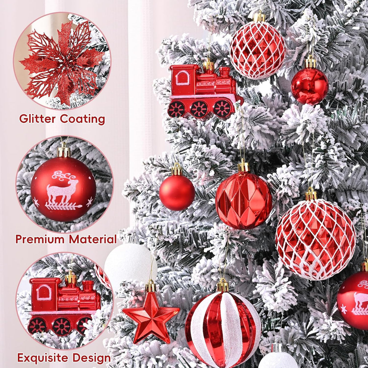 Ktinnead 94 Pcs Christmas Tree Decorations Set, Red Shatterproof Christmas Tree Hanging Ball Ornaments with Glitter Poinsettia Flowers Decorations Berries Snowflakes for Xmas Party Holiday Wedding