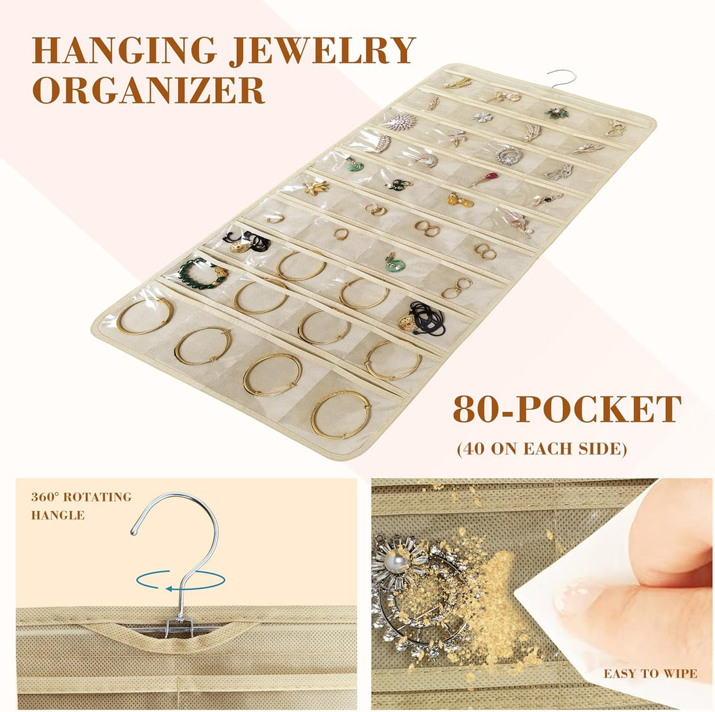 2 PACK(Total 160 Pockets) Hanging Jewelry Organizer with Hanger Metal Hooks Storage On Wall Door Closet Double-Sided(Each Side 40 Pockets) Jewelry Holder for Earrings, Necklaces, Rings (2 Pcs Beige)