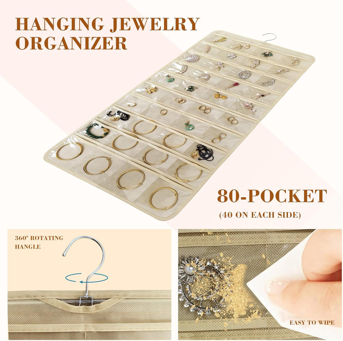 2 PACK(Total 160 Pockets) Hanging Jewelry Organizer with Hanger Metal Hooks Storage On Wall Door Closet Double-Sided(Each Side 40 Pockets) Jewelry Holder for Earrings, Necklaces, Rings (2 Pcs Beige)
