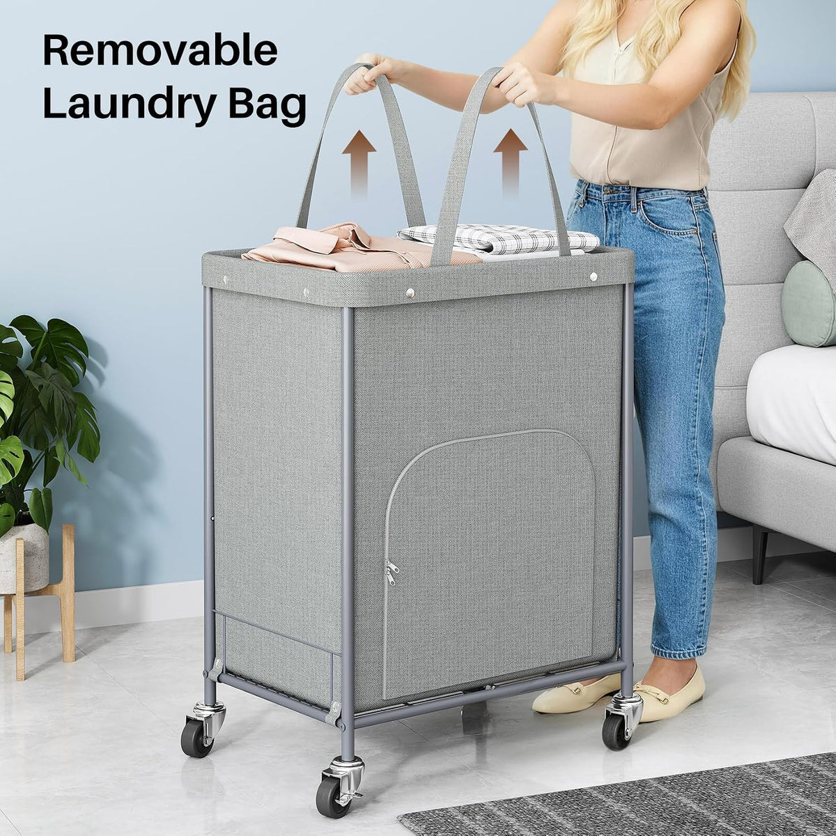 170L Large Laundry Basket with Wheels, Rolling Laundry Hamper Easy Access Clothing Minimizes Bending, Laundry Cart with 4 Silent Casters & Removable Bag for Bedroom, Bathroom, Laundry Room, Gray