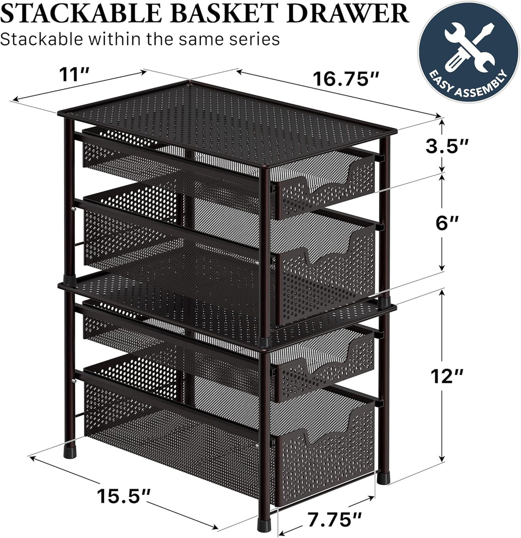 Simple Houseware Stackable 2 Tier Sliding Basket Organizer Drawer, Bronze