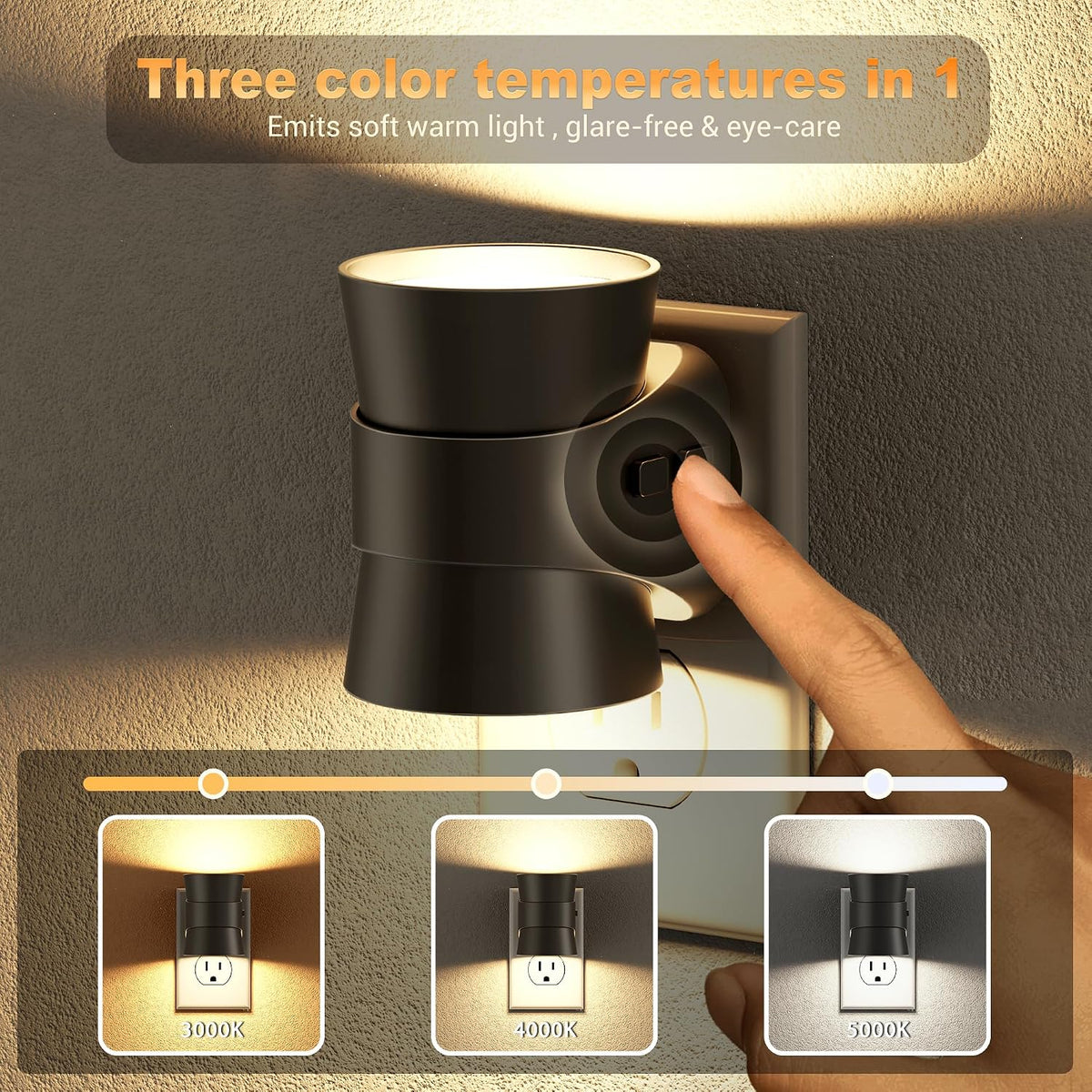 JandCase Night Light, Night Lights Plug Into Wall with 3 Color, Dimmable