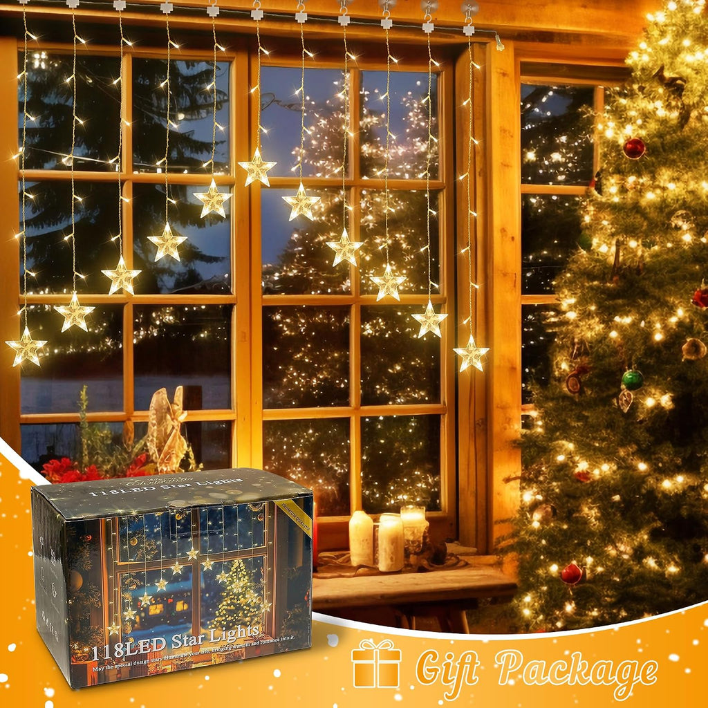 woohaha Christmas Star Icicle Curtain Lights,118LED Warm White