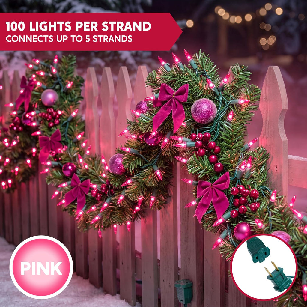 Joiedomi Pink Christmas String Lights,100 Count 21.4FT Fairy Tree Lights Plug in for Indoor Outdoor Xmas Valentines Decor Patio Holiday Theme Party Yard House,Green Wire